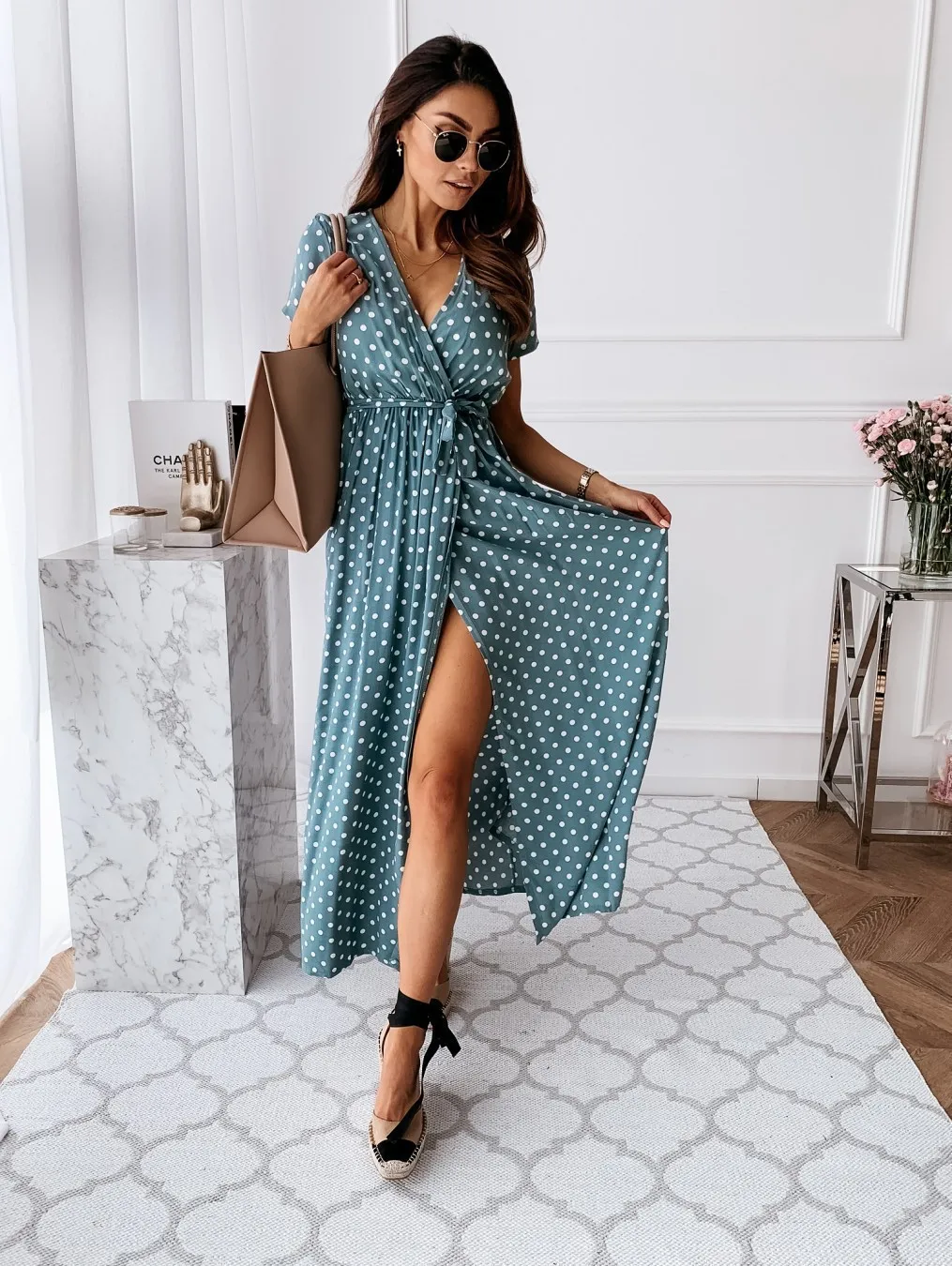 2026 Summer Bohemian Dresses For Ladies Vestidos Dress Woman Women's Clothing Slim Short Sleeves V-link Leace-up Slit Polka Dots