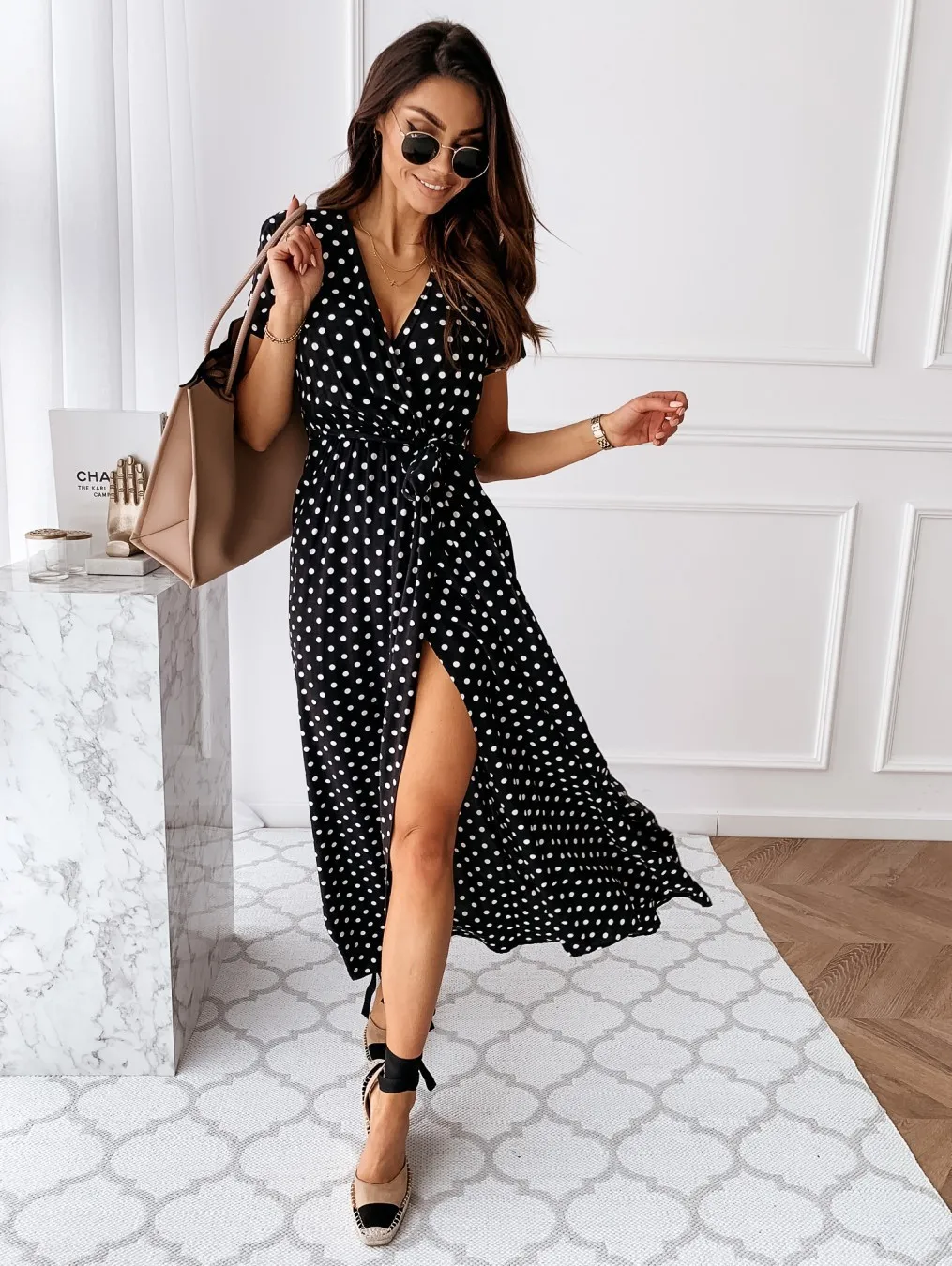 2026 Summer Bohemian Dresses For Ladies Vestidos Dress Woman Women's Clothing Slim Short Sleeves V-link Leace-up Slit Polka Dots