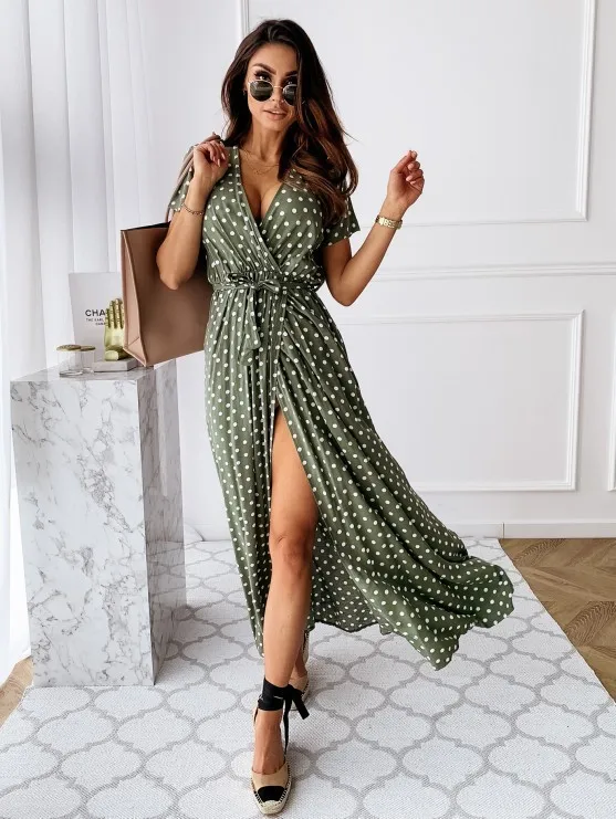 2026 Summer Bohemian Dresses For Ladies Vestidos Dress Woman Women's Clothing Slim Short Sleeves V-link Leace-up Slit Polka Dots