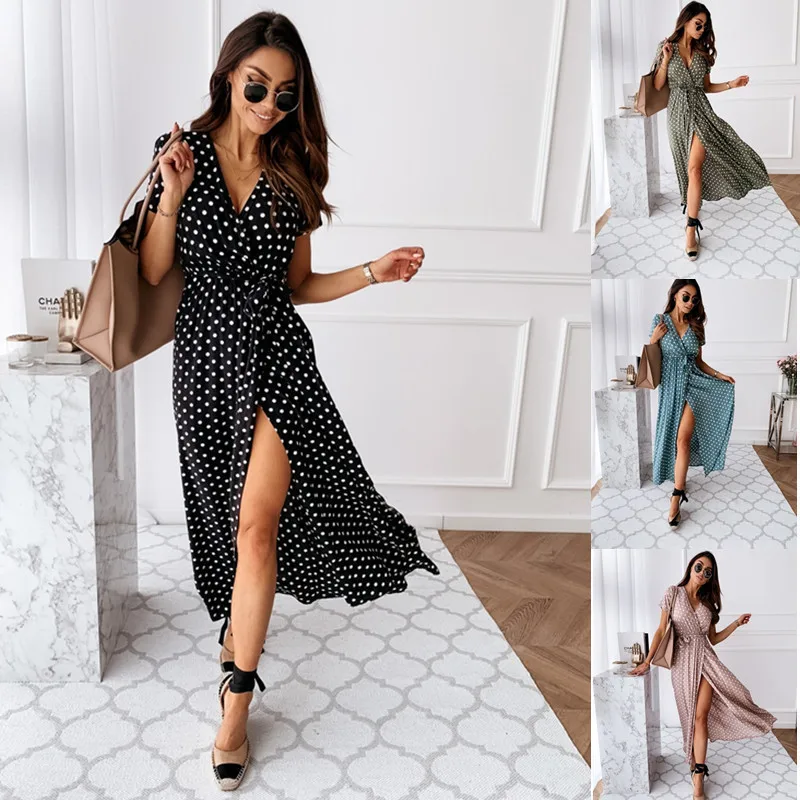2026 Summer Bohemian Dresses For Ladies Vestidos Dress Woman Women's Clothing Slim Short Sleeves V-link Leace-up Slit Polka Dots