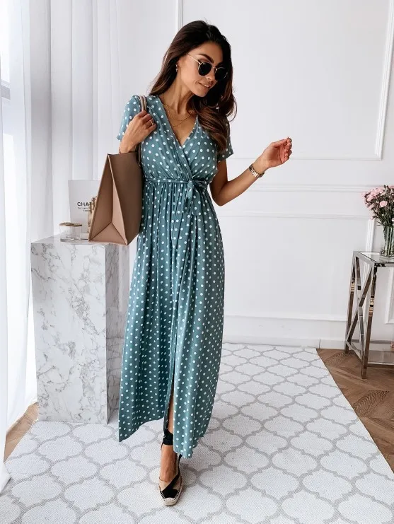 2026 Summer Bohemian Dresses For Ladies Vestidos Dress Woman Women's Clothing Slim Short Sleeves V-link Leace-up Slit Polka Dots