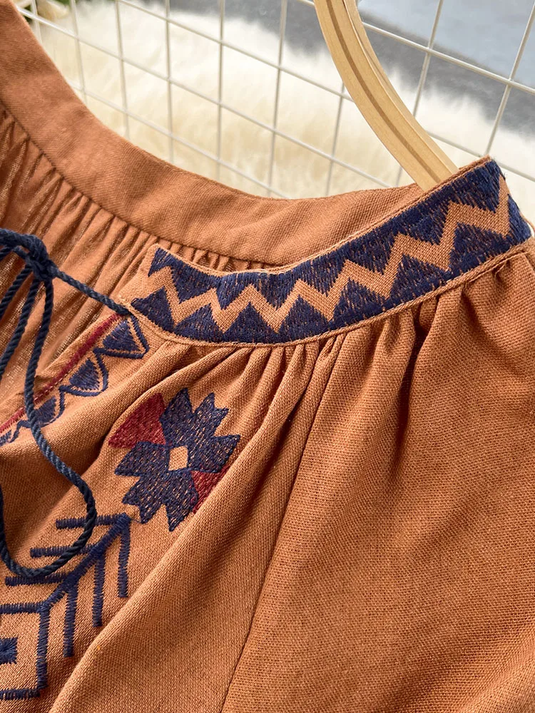Women Bohemian Vacation Dress Travel Wear Sweet Western-style Embroidery Loose Waist Large Hem Midi Length Vestidos DS001