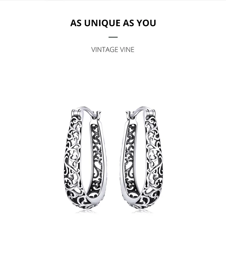 BAMOER 18K Gold Plated Filigree Hoop Earrings 925 Sterling Silver Vintage Vine Earrings For Women Fine Jewelry Original Design