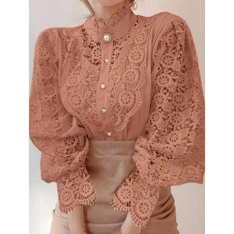 Elegant Loose Sweet Fashion Lace Women Blouse Office Stand Collar Casual Shirt Ladies Petal Long Sleeves Hollow Out Top Clothing