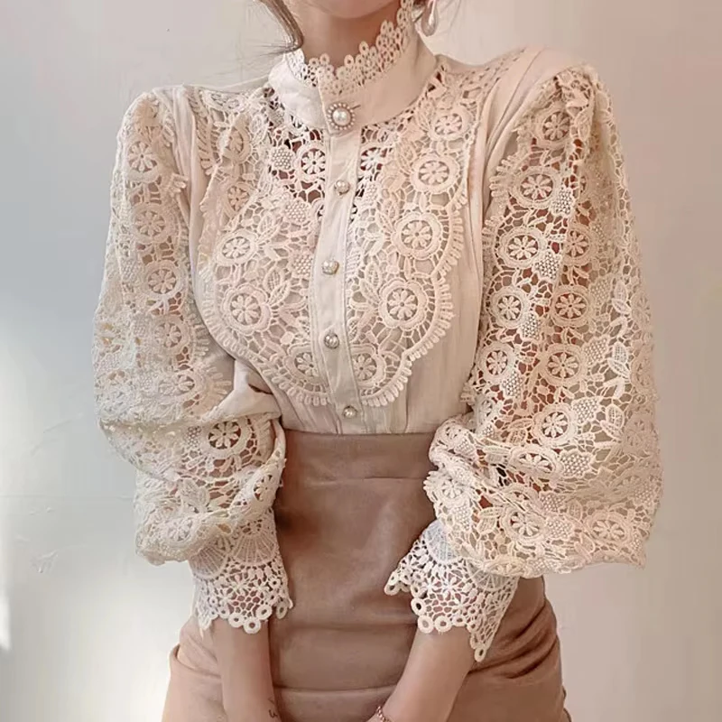 Elegant Loose Sweet Fashion Lace Women Blouse Office Stand Collar Casual Shirt Ladies Petal Long Sleeves Hollow Out Top Clothing