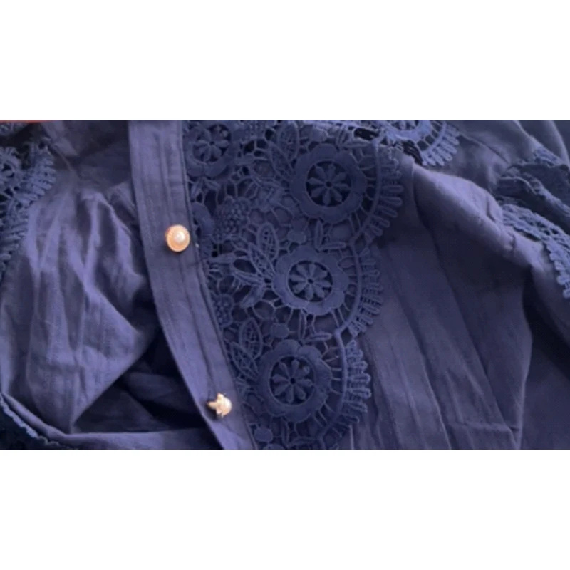 Elegant Loose Sweet Fashion Lace Women Blouse Office Stand Collar Casual Shirt Ladies Petal Long Sleeves Hollow Out Top Clothing