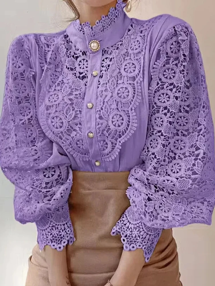 Elegant Loose Sweet Fashion Lace Women Blouse Office Stand Collar Casual Shirt Ladies Petal Long Sleeves Hollow Out Top Clothing
