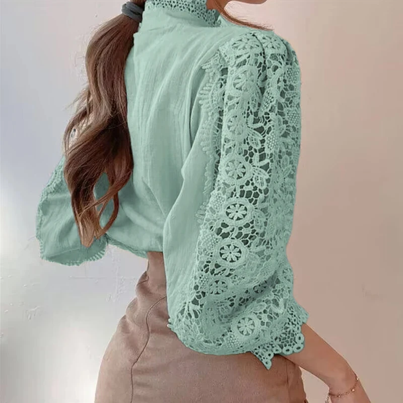 Elegant Loose Sweet Fashion Lace Women Blouse Office Stand Collar Casual Shirt Ladies Petal Long Sleeves Hollow Out Top Clothing