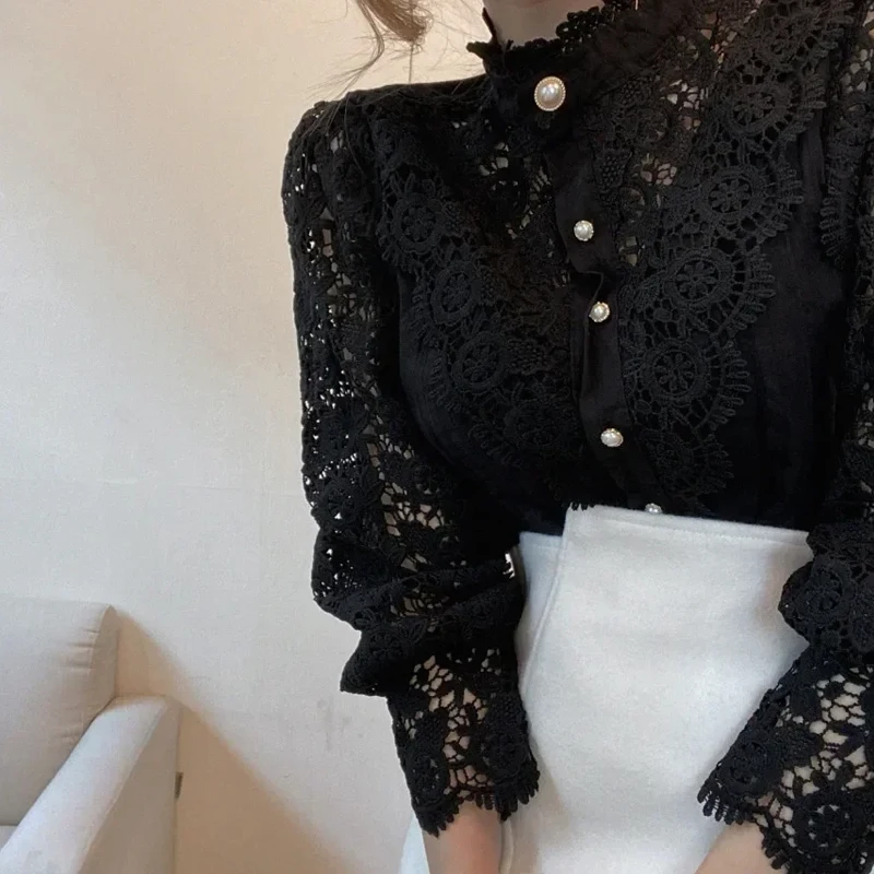 Elegant Loose Sweet Fashion Lace Women Blouse Office Stand Collar Casual Shirt Ladies Petal Long Sleeves Hollow Out Top Clothing