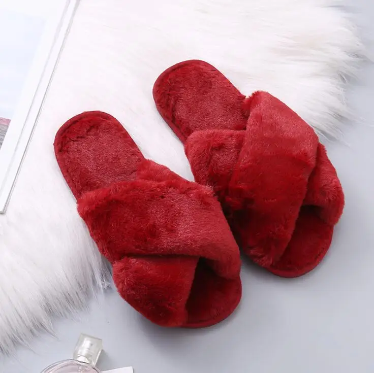 Winter Women House Slippers Faux Fur Warm Flat Shoes Female Slip Home Ladies Slippers Size 36-43 Wholesale