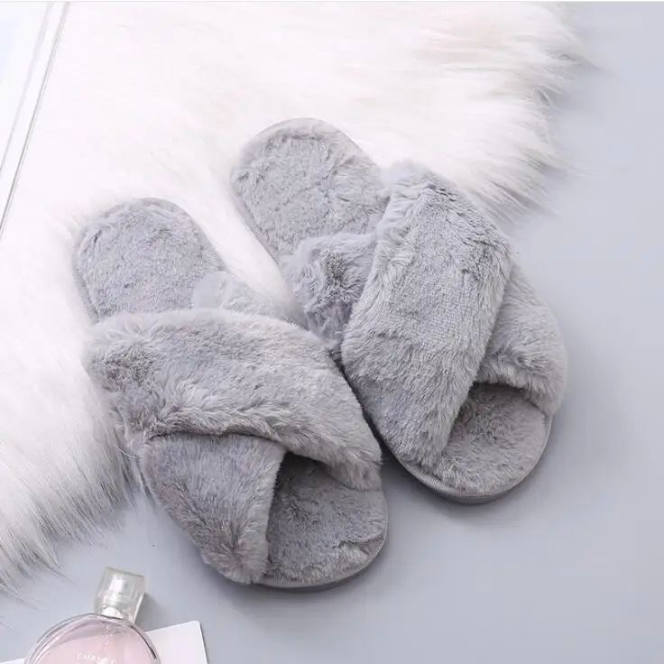 Winter Women House Slippers Faux Fur Warm Flat Shoes Female Slip Home Ladies Slippers Size 36-43 Wholesale