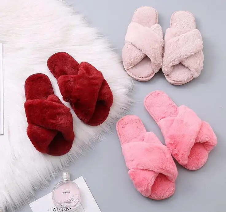 Winter Women House Slippers Faux Fur Warm Flat Shoes Female Slip Home Ladies Slippers Size 36-43 Wholesale