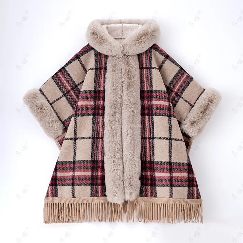 Faux Rabbit Fur Capes Coats Women Plaid Poncho Jackets Tassel Hooded Batwing Sleeves Open Stitch Loose Casual 2025 Autumn Winter