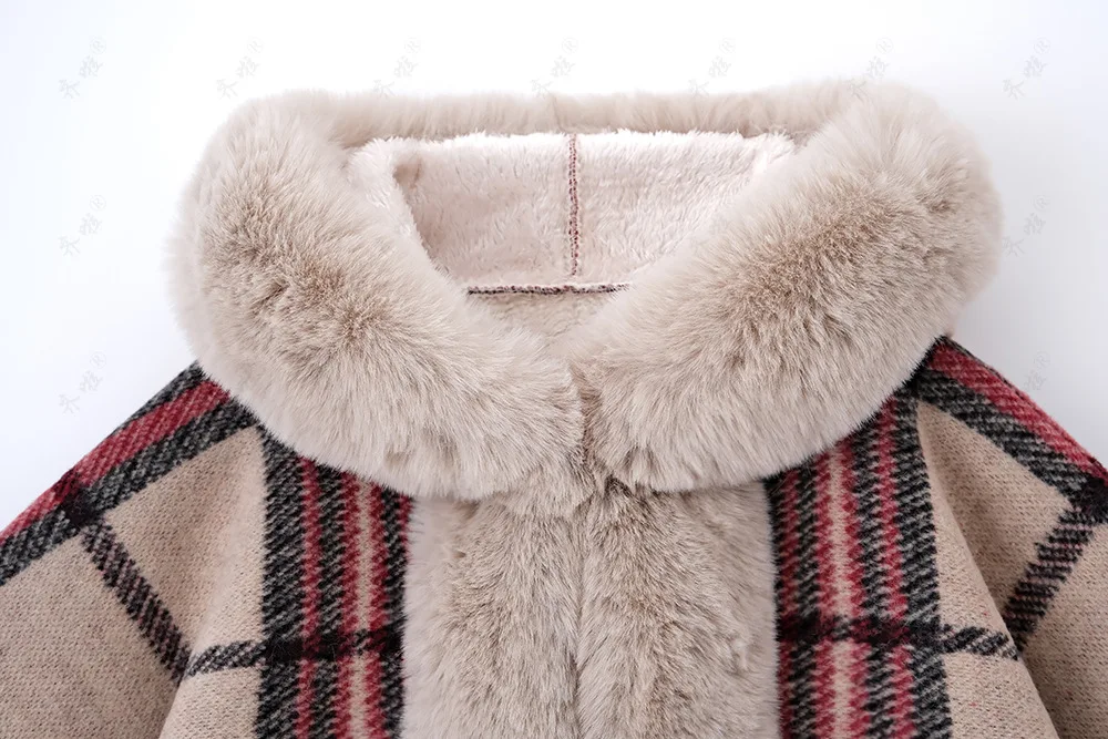Faux Rabbit Fur Capes Coats Women Plaid Poncho Jackets Tassel Hooded Batwing Sleeves Open Stitch Loose Casual 2025 Autumn Winter