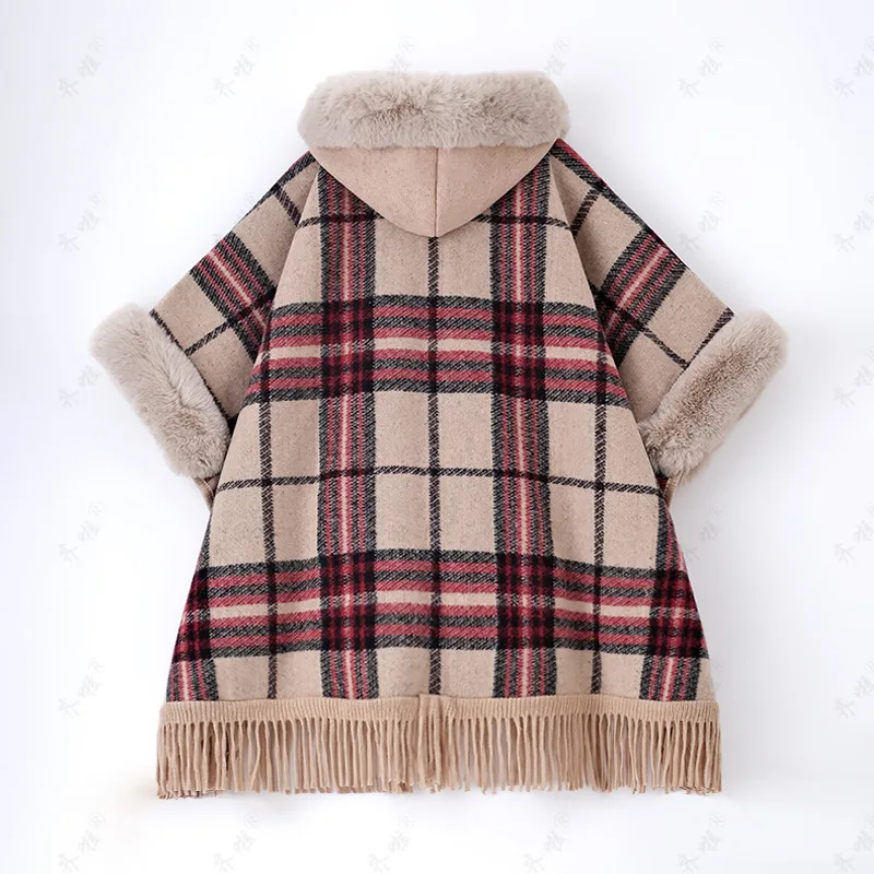 Faux Rabbit Fur Capes Coats Women Plaid Poncho Jackets Tassel Hooded Batwing Sleeves Open Stitch Loose Casual 2025 Autumn Winter