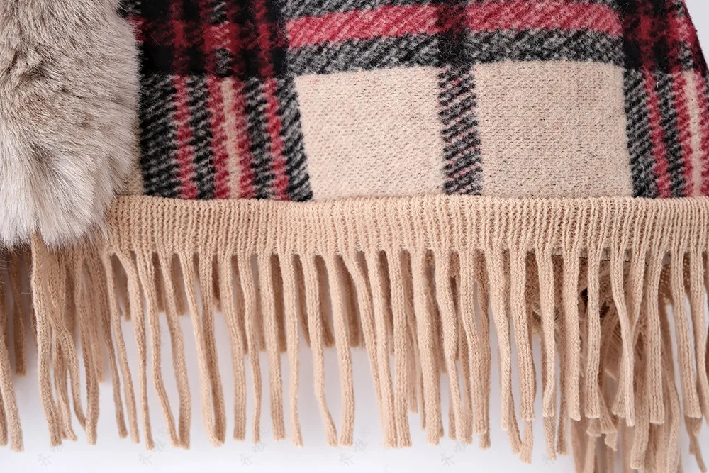 Faux Rabbit Fur Capes Coats Women Plaid Poncho Jackets Tassel Hooded Batwing Sleeves Open Stitch Loose Casual 2025 Autumn Winter