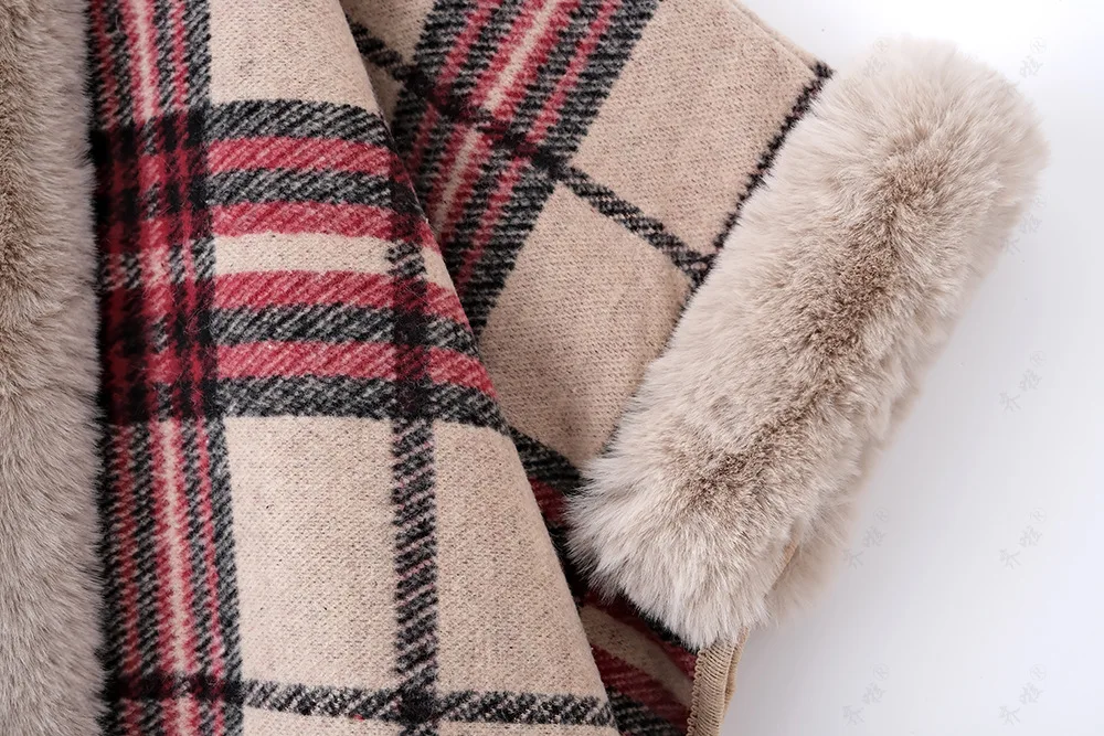 Faux Rabbit Fur Capes Coats Women Plaid Poncho Jackets Tassel Hooded Batwing Sleeves Open Stitch Loose Casual 2025 Autumn Winter