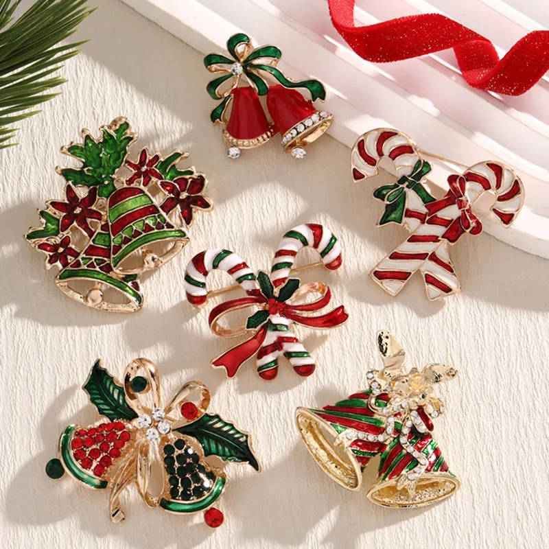 2026 New Christmas Jewelry Fashion Sweet Alloy Enamel Rhinestone Christmas Bells Brooch Pin For Women Clothing Accessories