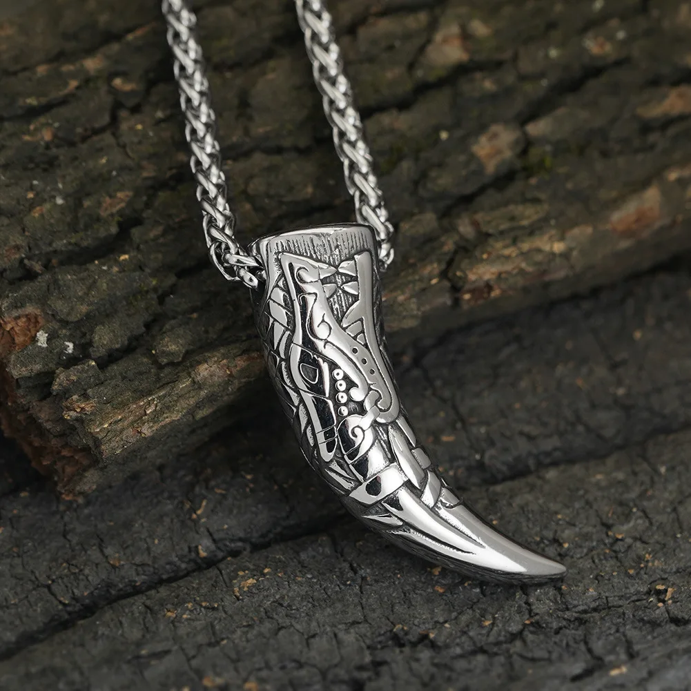 Punk Vikings Wolf Teeth Necklaces Men Stainless Steel Norse Runes Fenrir Odin Wolf Horn Pendant Valknut Amulet Icelandic Jewelry