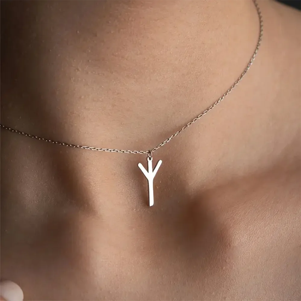 Women's Viking Rune Necklace Gold Color Stainless Steel Y-Shaped Pendant Choker Collars Minimalist Jewelry Fashion Lovers Gifts