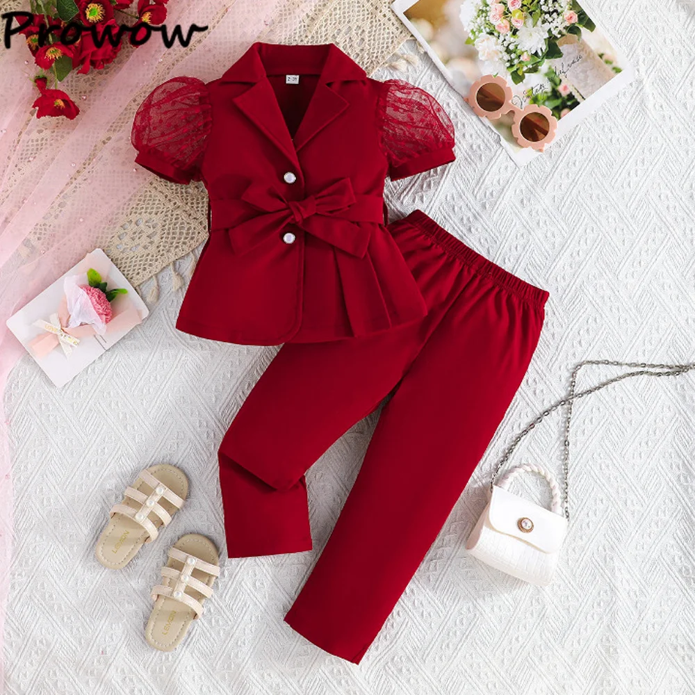 Children's Clothing Girl's Elegant Suit Dot Lace Sleeve Belted Blazer Coat Top and Pants Sets Three Piece Sets For Kids Clothes