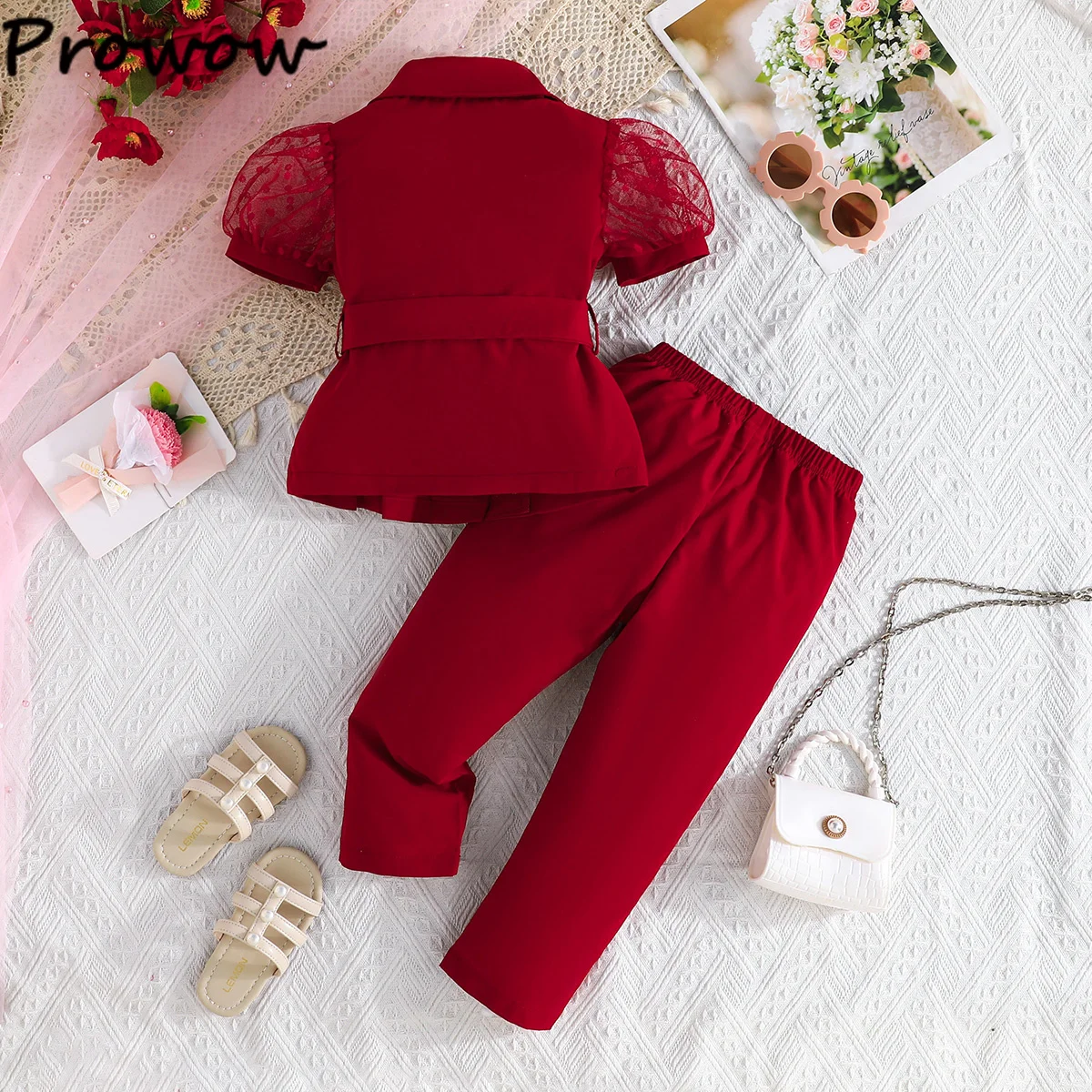 Children's Clothing Girl's Elegant Suit Dot Lace Sleeve Belted Blazer Coat Top and Pants Sets Three Piece Sets For Kids Clothes