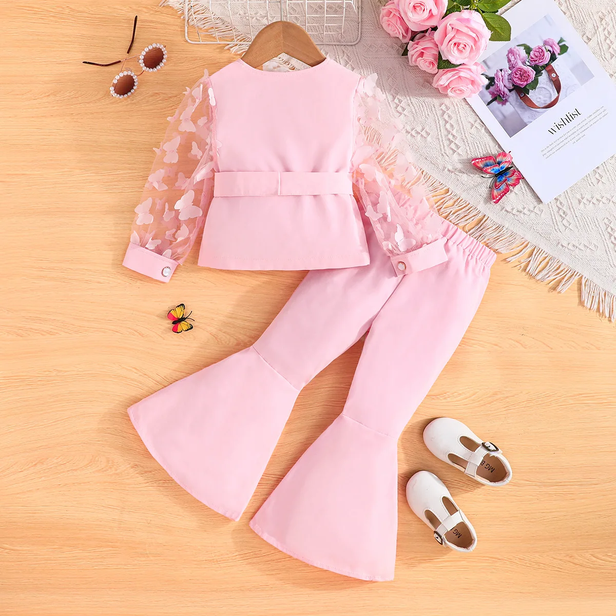 Children's Clothing Girl's Elegant Suit Dot Lace Sleeve Belted Blazer Coat Top and Pants Sets Three Piece Sets For Kids Clothes