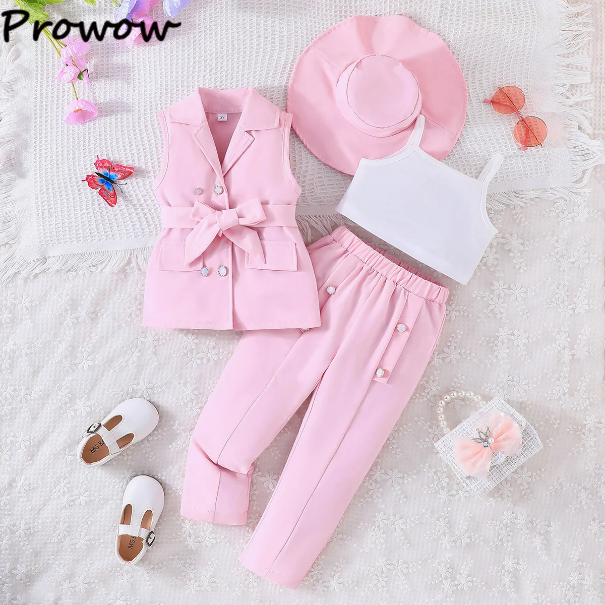 Children's Clothing Girl's Elegant Suit Dot Lace Sleeve Belted Blazer Coat Top and Pants Sets Three Piece Sets For Kids Clothes