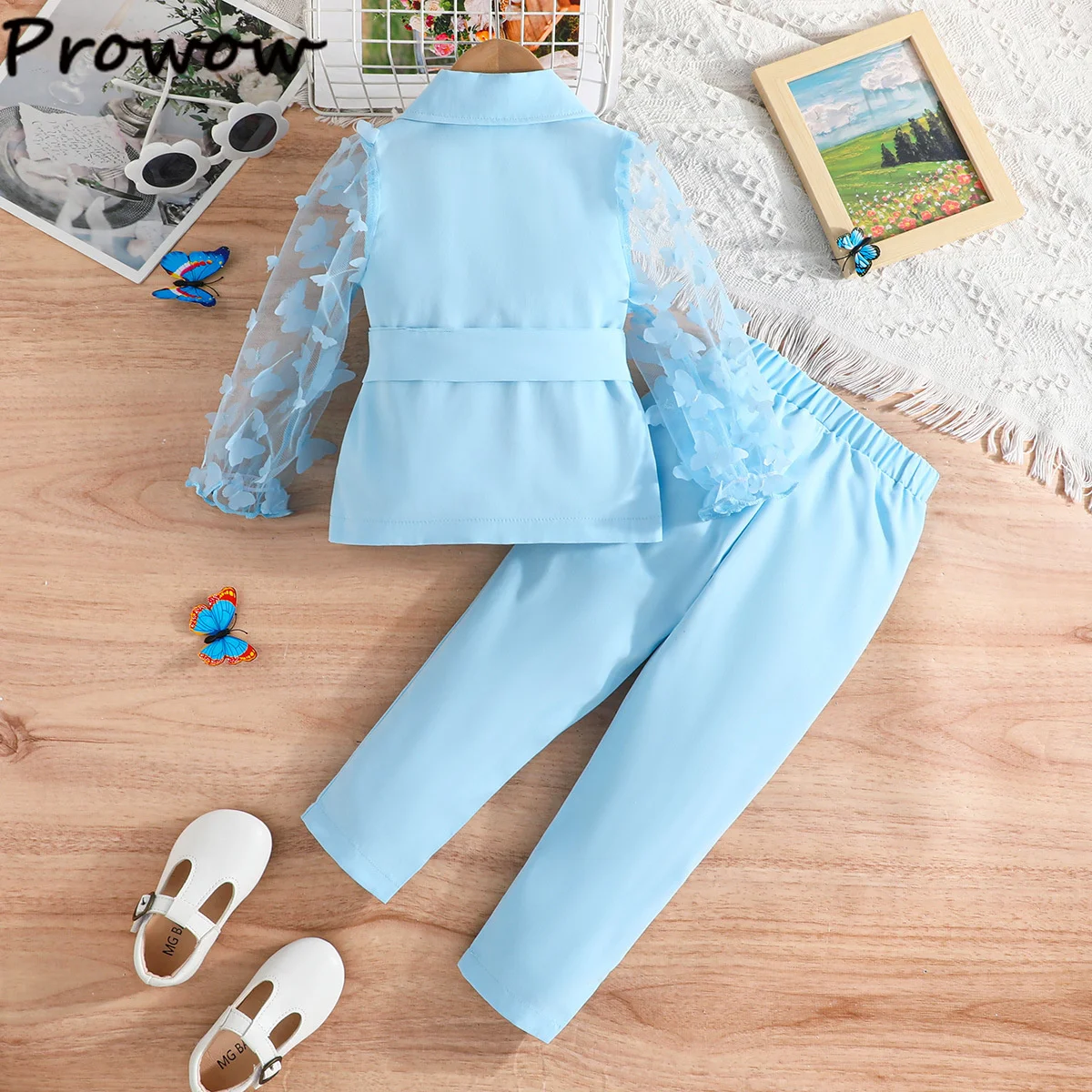 Children's Clothing Girl's Elegant Suit Dot Lace Sleeve Belted Blazer Coat Top and Pants Sets Three Piece Sets For Kids Clothes