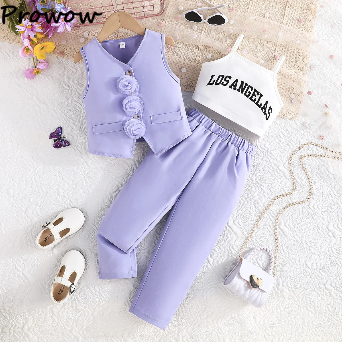Children's Clothing Girl's Elegant Suit Dot Lace Sleeve Belted Blazer Coat Top and Pants Sets Three Piece Sets For Kids Clothes