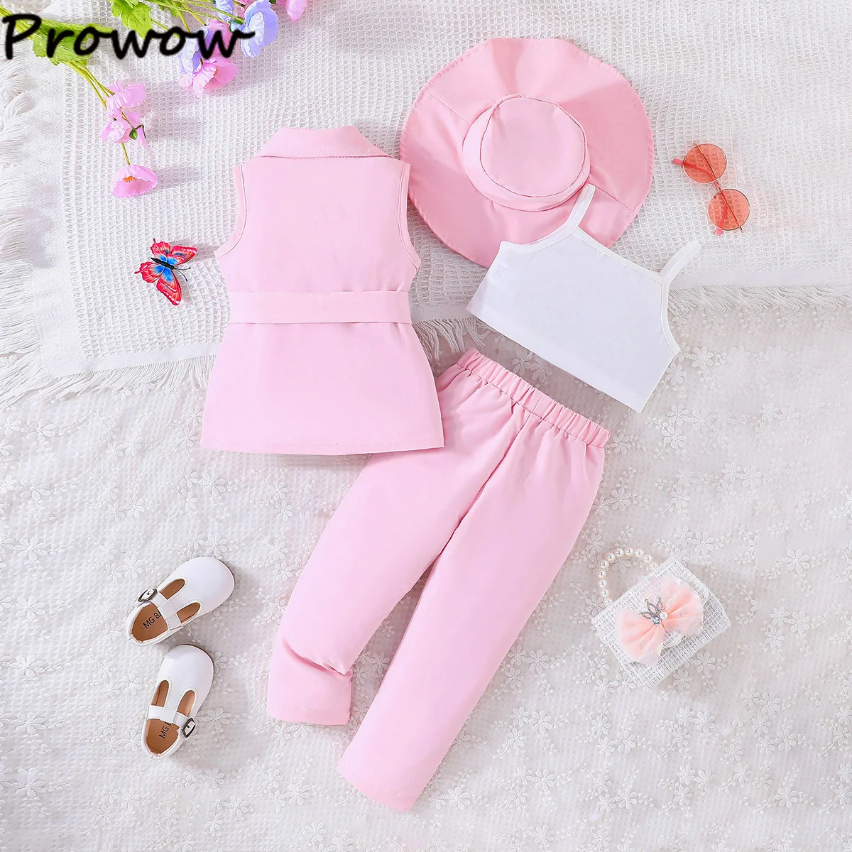 Children's Clothing Girl's Elegant Suit Dot Lace Sleeve Belted Blazer Coat Top and Pants Sets Three Piece Sets For Kids Clothes
