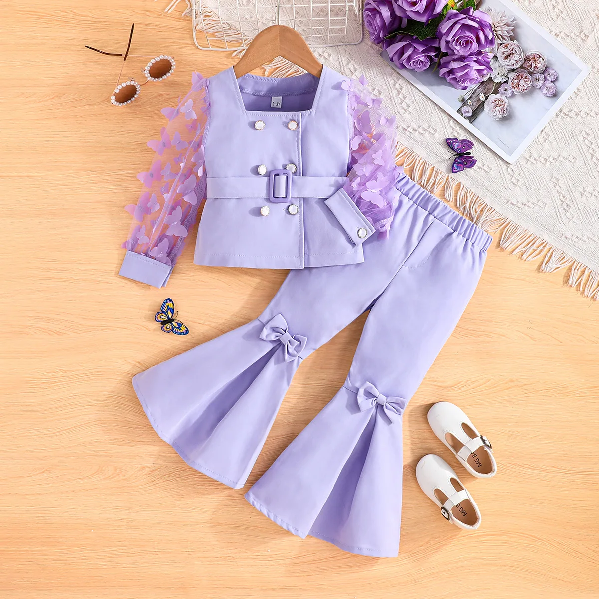 Children's Clothing Girl's Elegant Suit Dot Lace Sleeve Belted Blazer Coat Top and Pants Sets Three Piece Sets For Kids Clothes