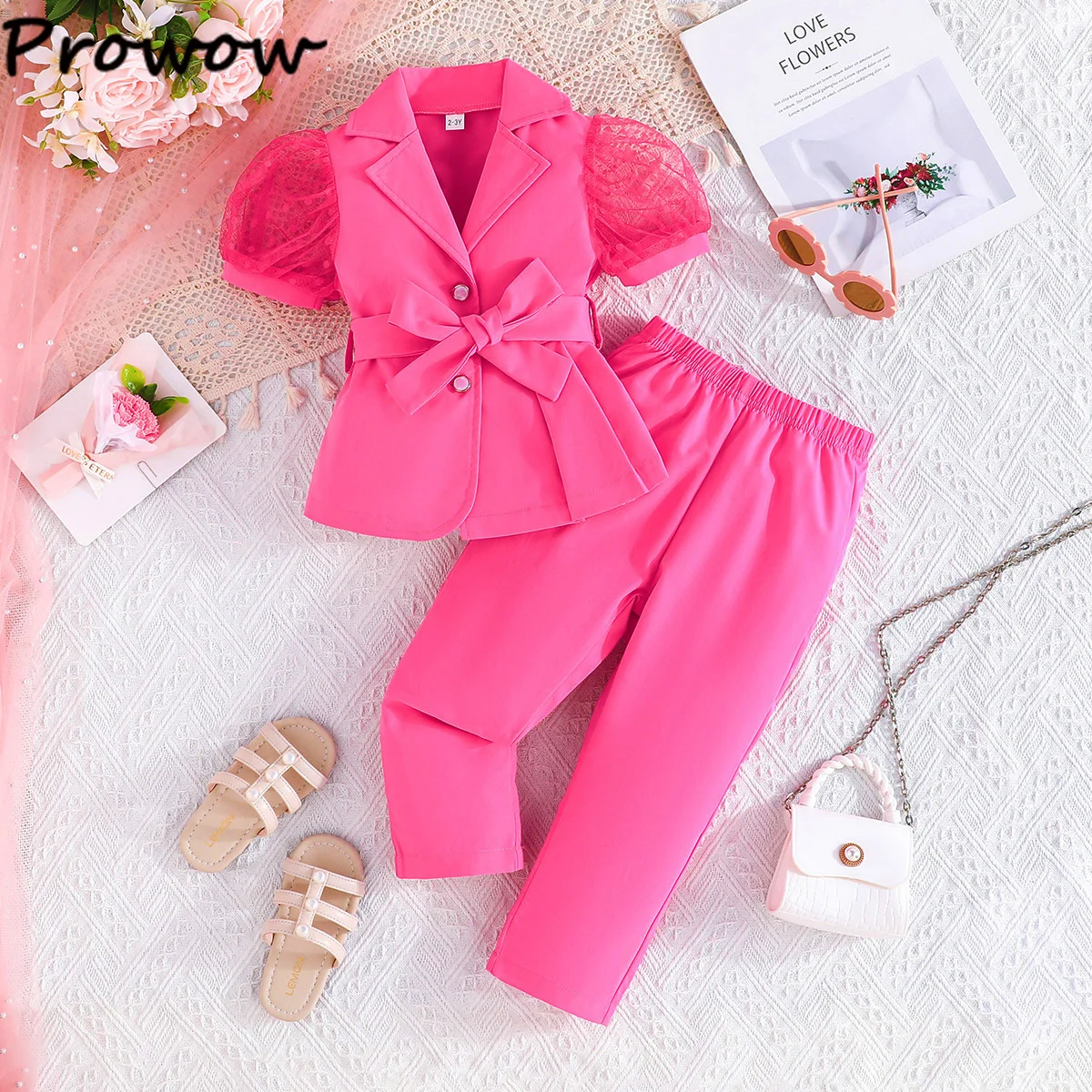 Children's Clothing Girl's Elegant Suit Dot Lace Sleeve Belted Blazer Coat Top and Pants Sets Three Piece Sets For Kids Clothes