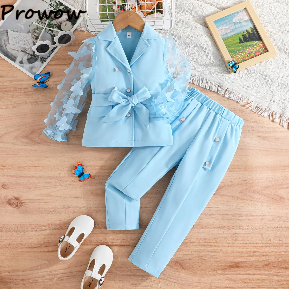 Children's Clothing Girl's Elegant Suit Dot Lace Sleeve Belted Blazer Coat Top and Pants Sets Three Piece Sets For Kids Clothes