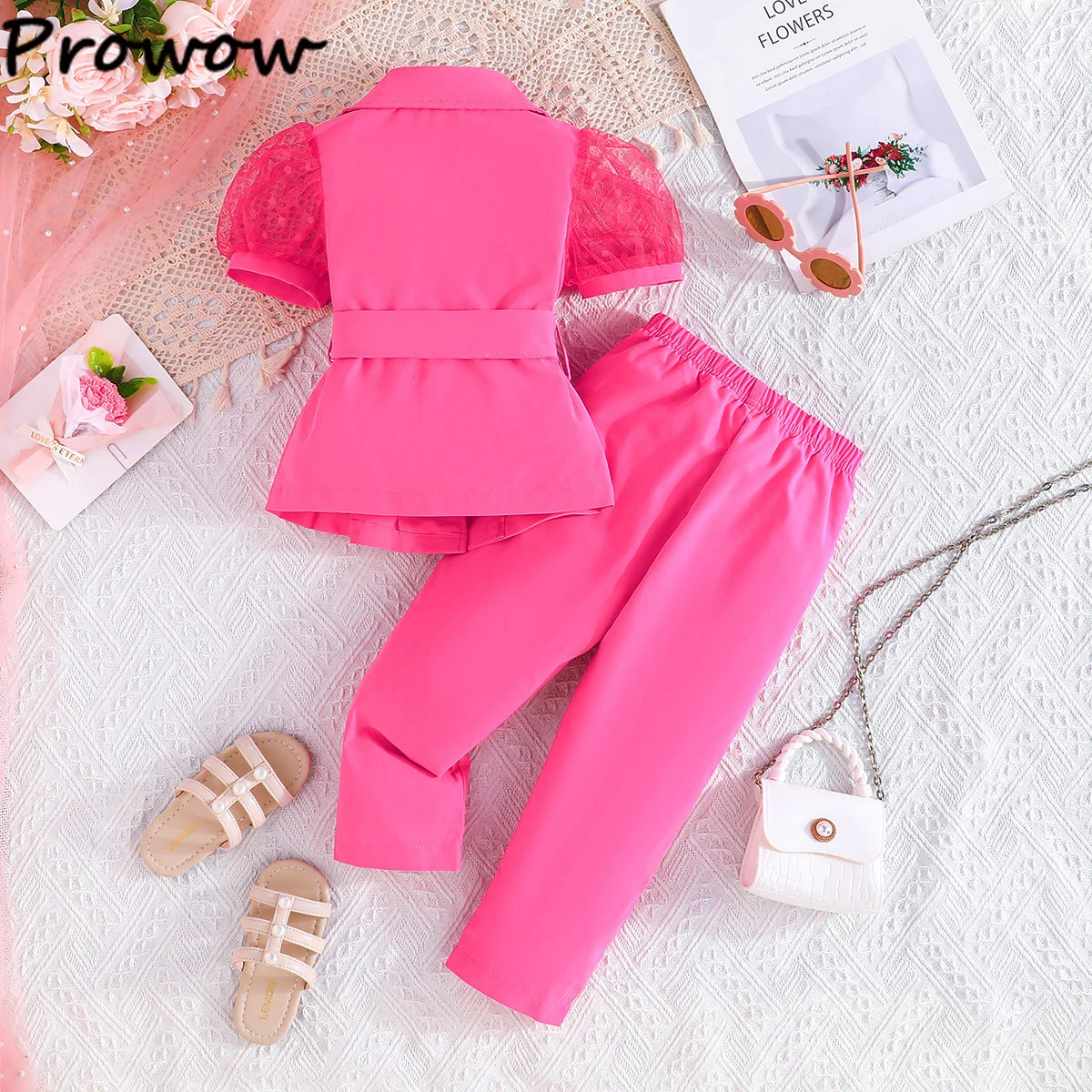 Children's Clothing Girl's Elegant Suit Dot Lace Sleeve Belted Blazer Coat Top and Pants Sets Three Piece Sets For Kids Clothes