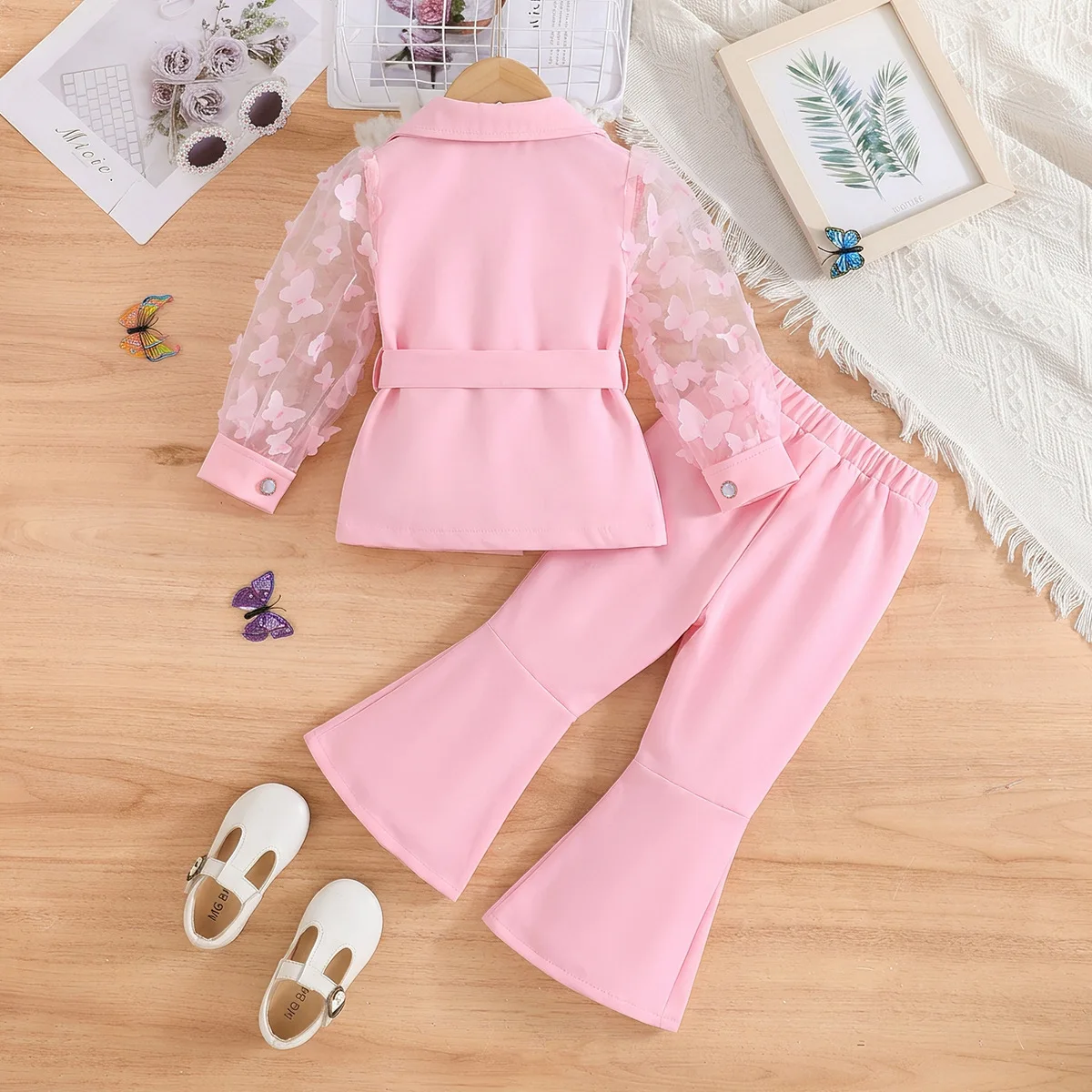 Children's Clothing Girl's Elegant Suit Dot Lace Sleeve Belted Blazer Coat Top and Pants Sets Three Piece Sets For Kids Clothes