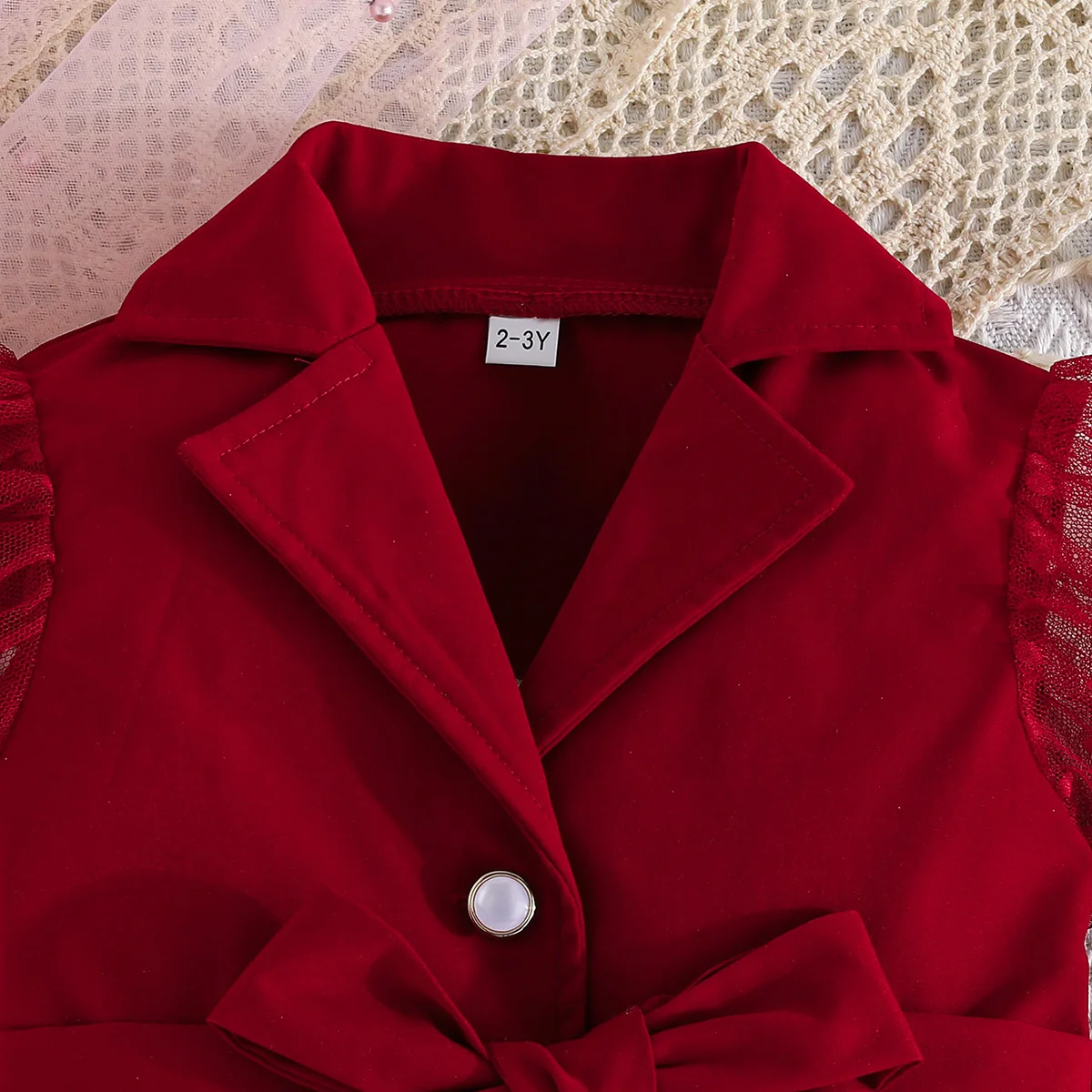 Children's Clothing Girl's Elegant Suit Dot Lace Sleeve Belted Blazer Coat Top and Pants Sets Three Piece Sets For Kids Clothes