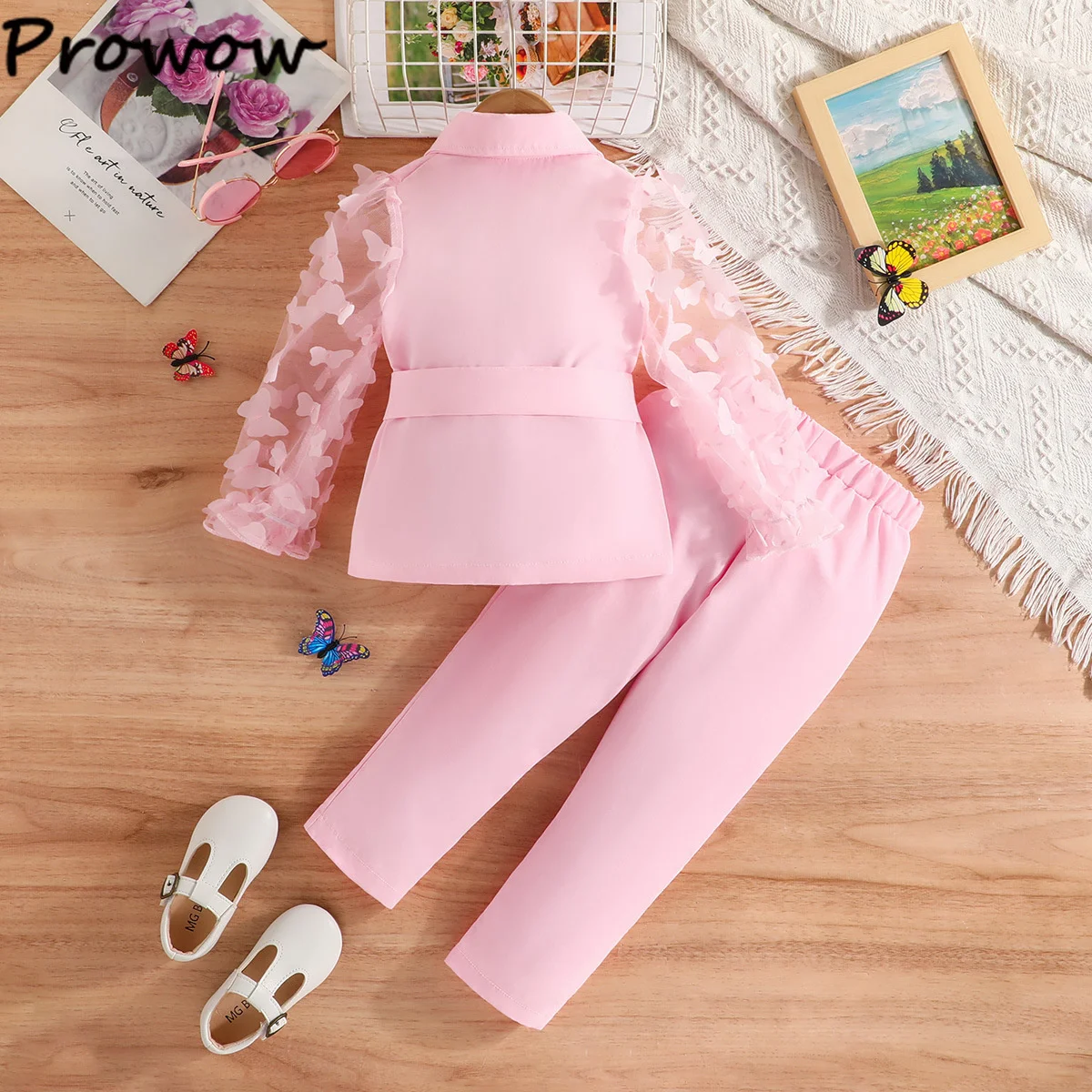 Children's Clothing Girl's Elegant Suit Dot Lace Sleeve Belted Blazer Coat Top and Pants Sets Three Piece Sets For Kids Clothes