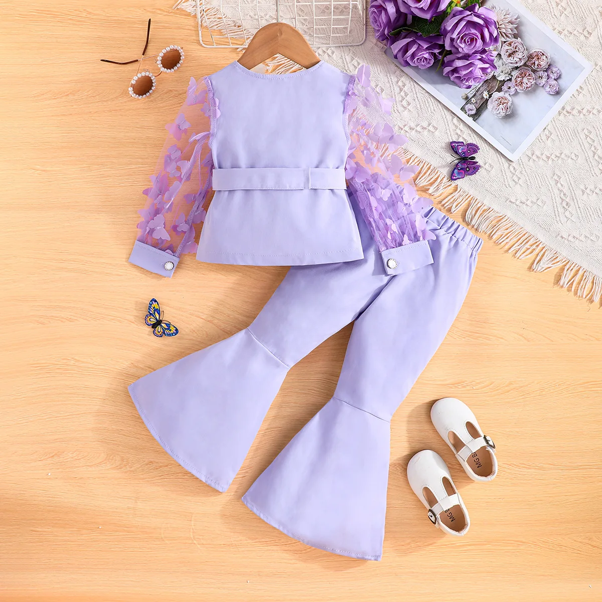 Children's Clothing Girl's Elegant Suit Dot Lace Sleeve Belted Blazer Coat Top and Pants Sets Three Piece Sets For Kids Clothes