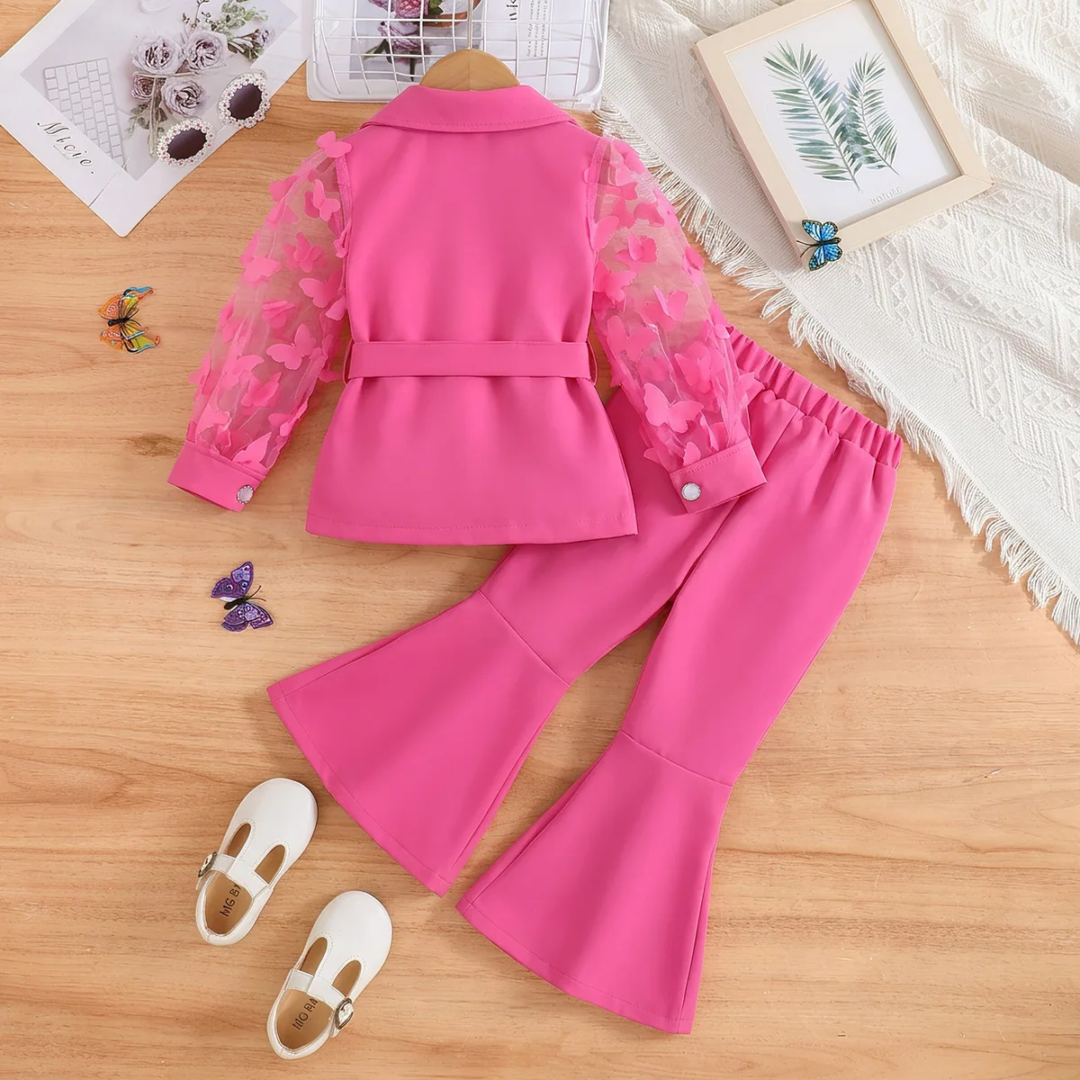 Children's Clothing Girl's Elegant Suit Dot Lace Sleeve Belted Blazer Coat Top and Pants Sets Three Piece Sets For Kids Clothes