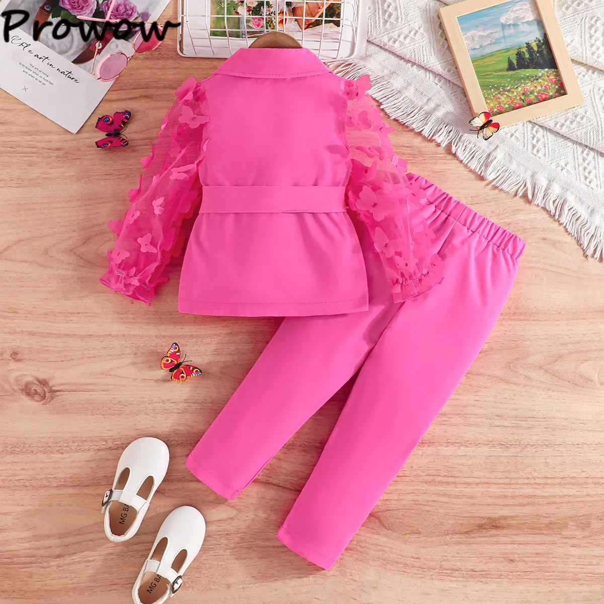 Children's Clothing Girl's Elegant Suit Dot Lace Sleeve Belted Blazer Coat Top and Pants Sets Three Piece Sets For Kids Clothes