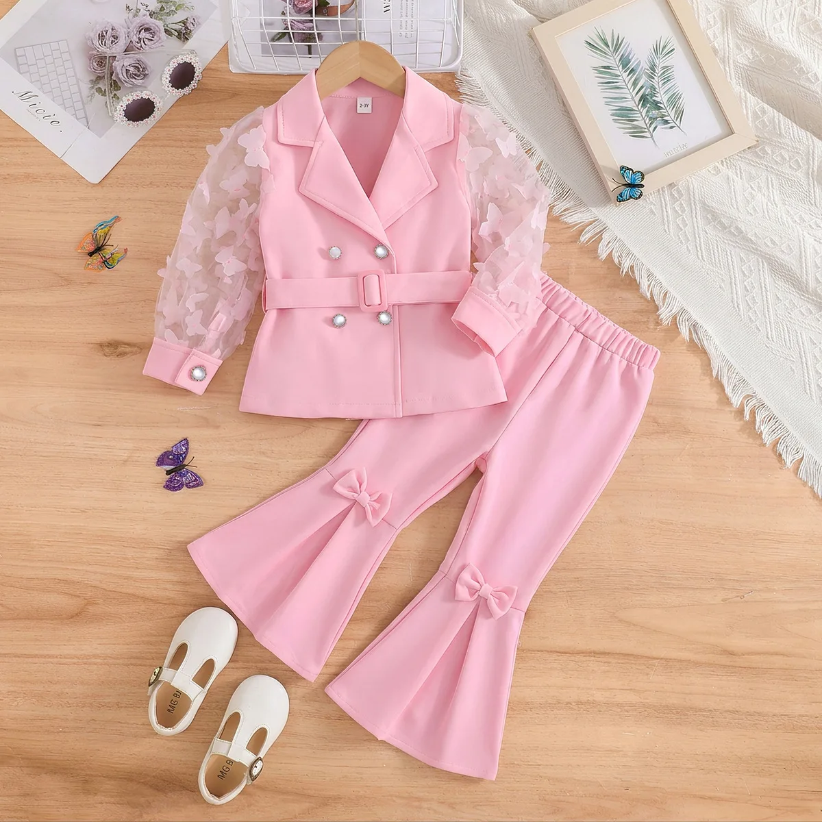 Children's Clothing Girl's Elegant Suit Dot Lace Sleeve Belted Blazer Coat Top and Pants Sets Three Piece Sets For Kids Clothes