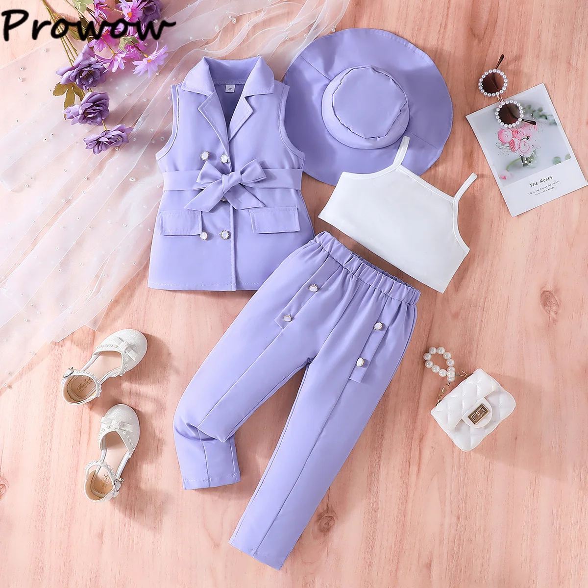 Children's Clothing Girl's Elegant Suit Dot Lace Sleeve Belted Blazer Coat Top and Pants Sets Three Piece Sets For Kids Clothes