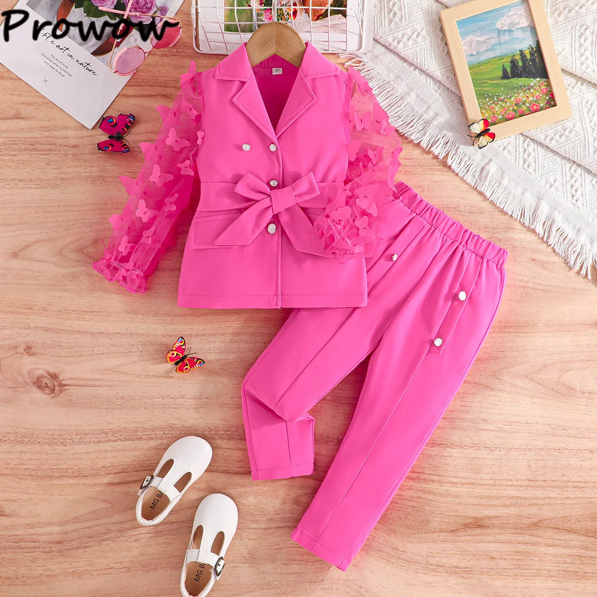 Children's Clothing Girl's Elegant Suit Dot Lace Sleeve Belted Blazer Coat Top and Pants Sets Three Piece Sets For Kids Clothes