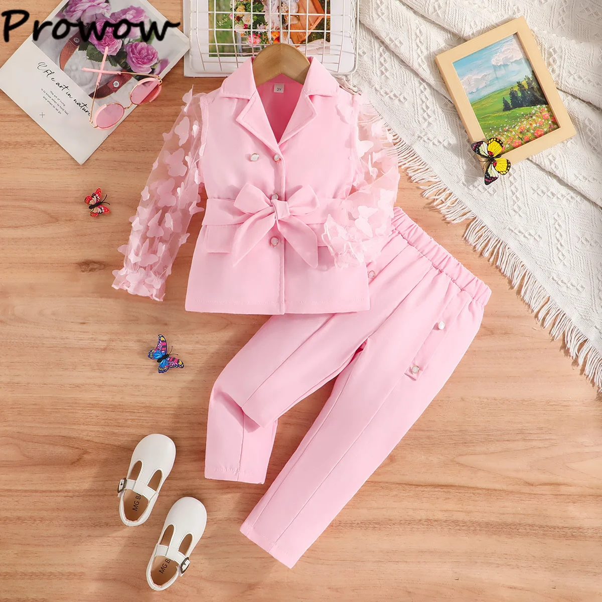 Children's Clothing Girl's Elegant Suit Dot Lace Sleeve Belted Blazer Coat Top and Pants Sets Three Piece Sets For Kids Clothes