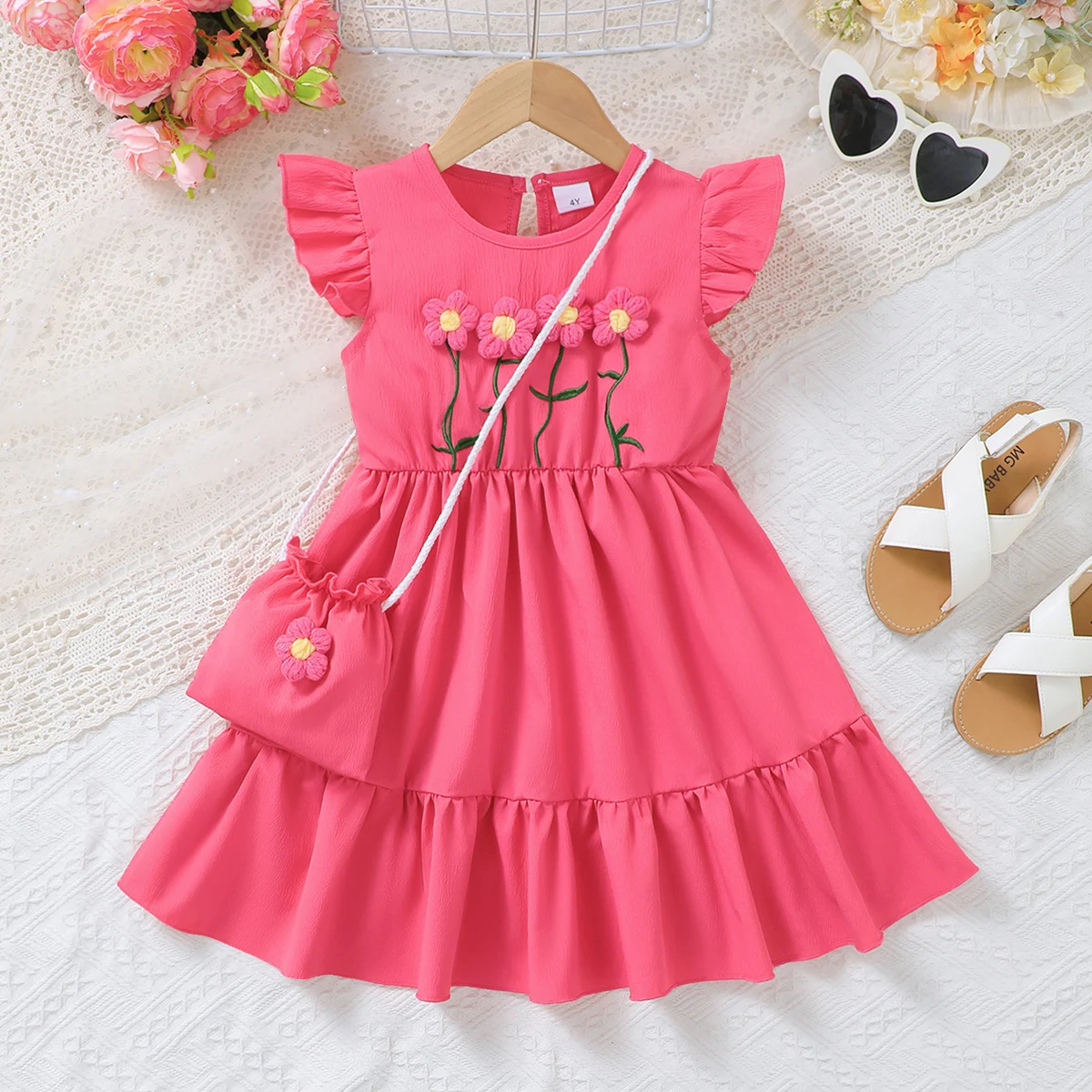 Girl Child Dress Embroidered Small Flower Flying Sleeve Dress+Small Bag 2Pcs Suitable 1-6 Years Girl Child Summer Fashion Dress