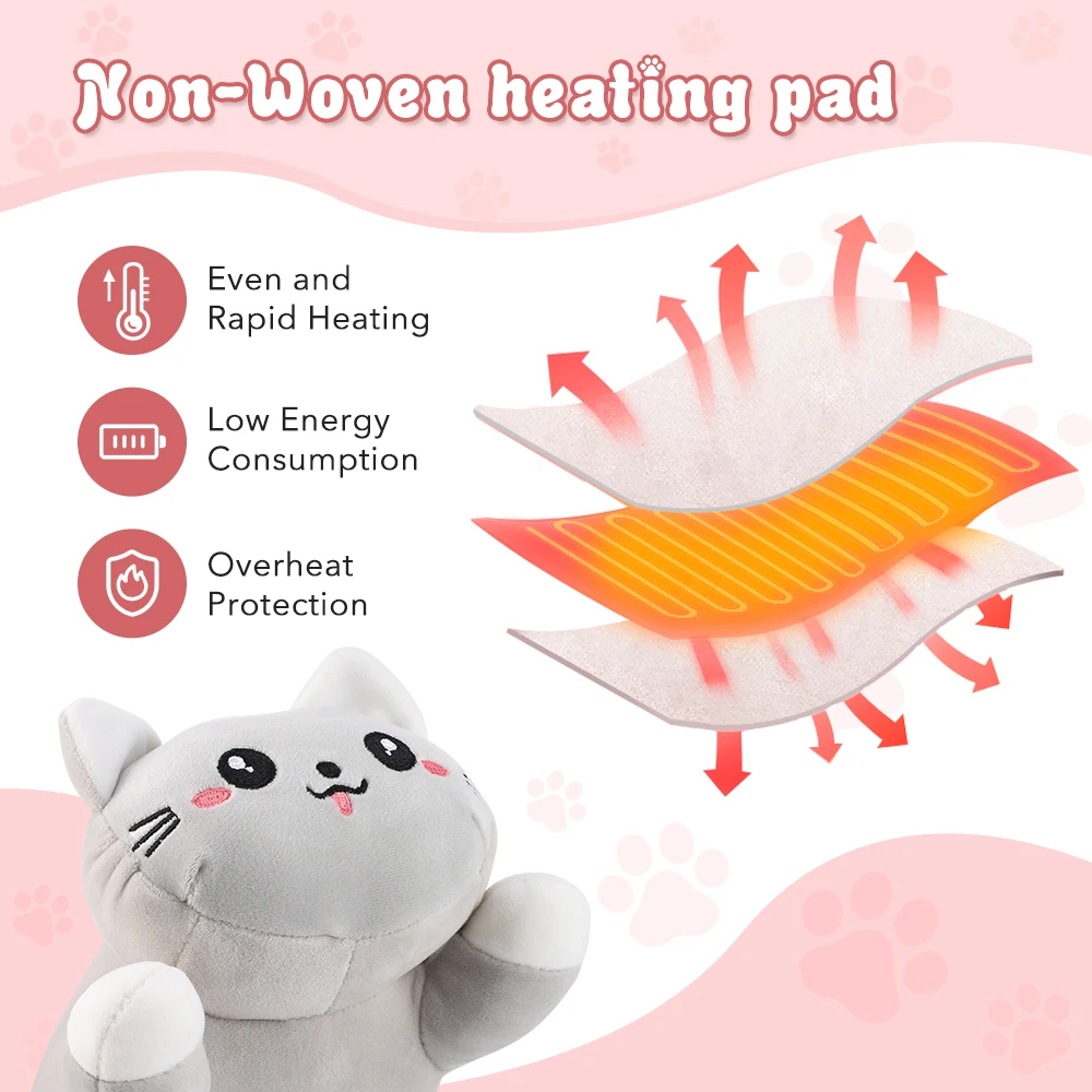 Heating Pad Cute Cat USB Heated Plush Pillow 5 Heat Settings Soft Stuffed Animal Warm Cushion for Belly Neck Back Office Desk