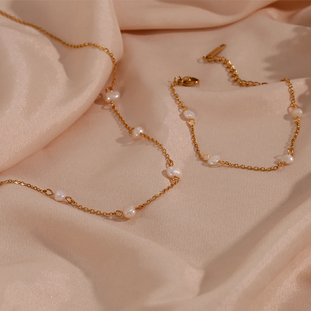 E.B.belle Anti-allergy Stainless Steel Chain Freshwater Pearl Chain Necklace Bracelets For Women Gold Plated Jewelry Set