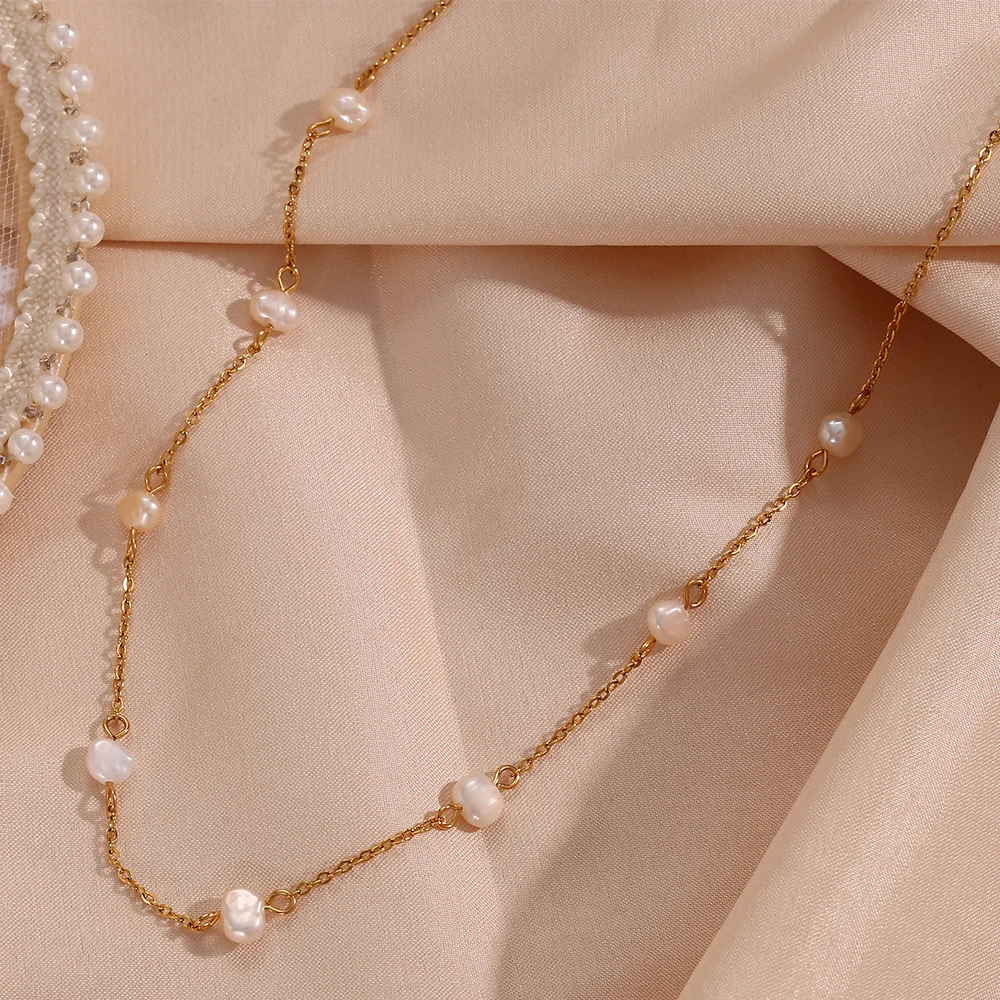 E.B.belle Anti-allergy Stainless Steel Chain Freshwater Pearl Chain Necklace Bracelets For Women Gold Plated Jewelry Set