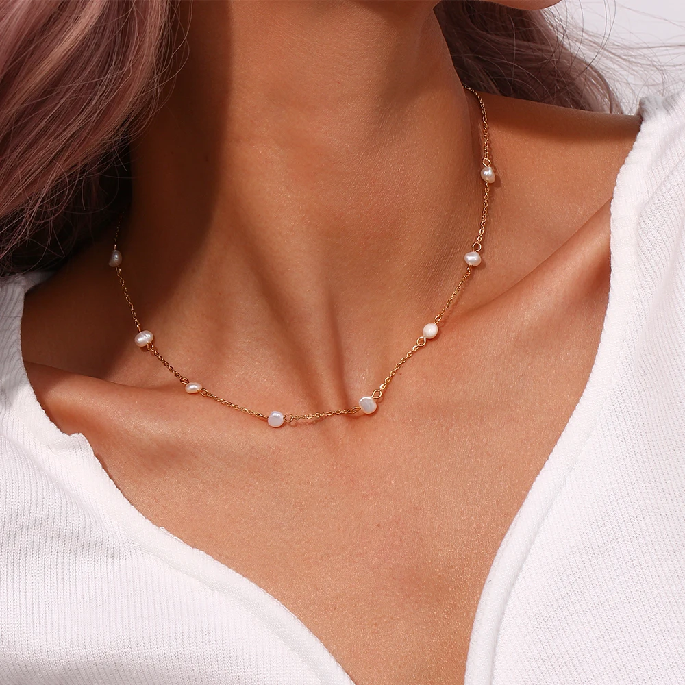 E.B.belle Anti-allergy Stainless Steel Chain Freshwater Pearl Chain Necklace Bracelets For Women Gold Plated Jewelry Set